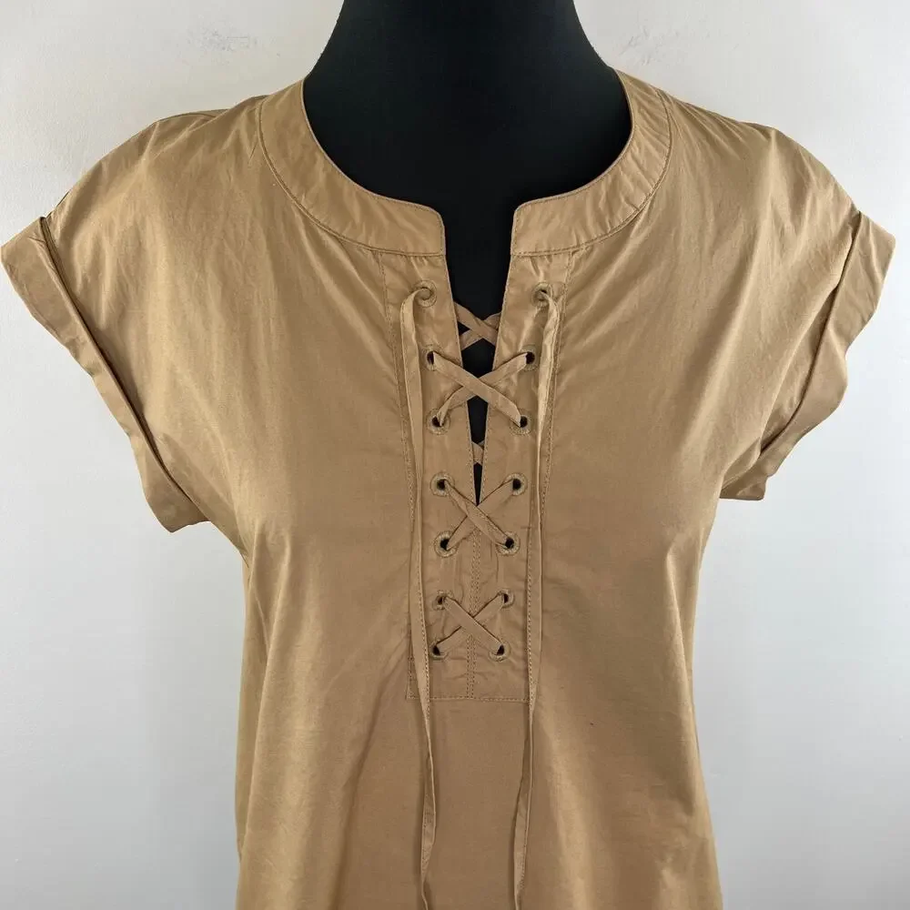 J.CREW Lace Up Popover Short Sleeve Top Brown Tan 100% Cotton Style G3922 Size 4